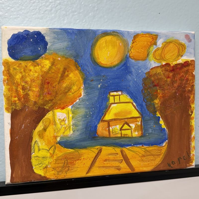 An autumn landscape painting with a cottage and golden trees along a path