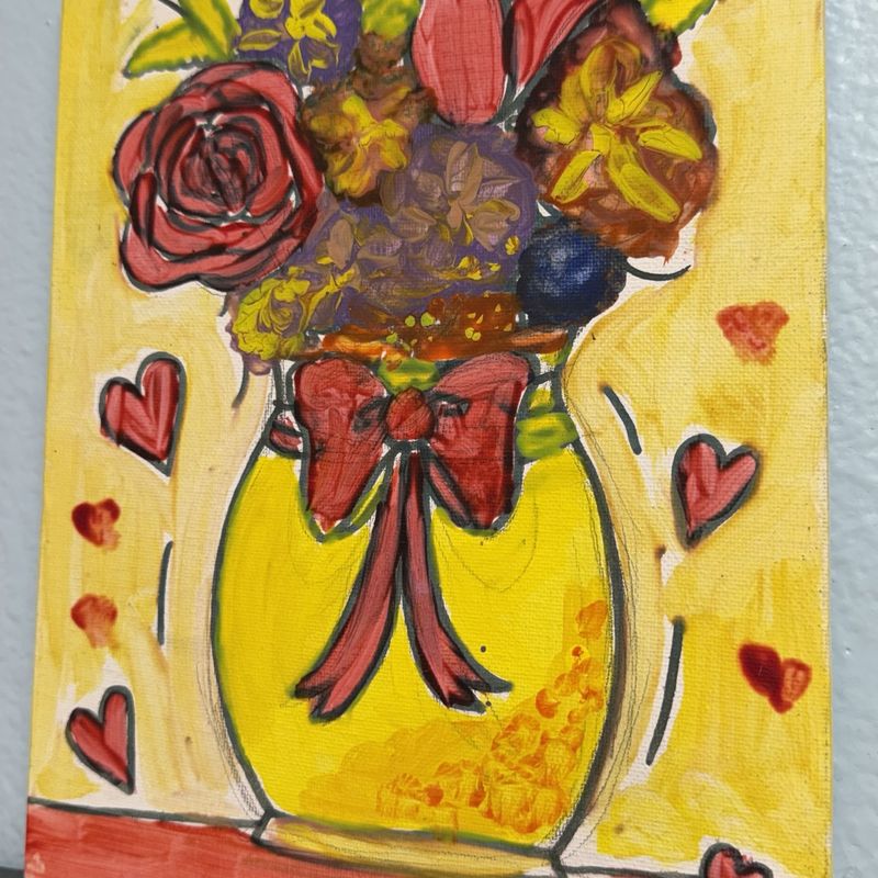 A painted bouquet of roses and autumn flowers in a vase, framed by small red hearts
