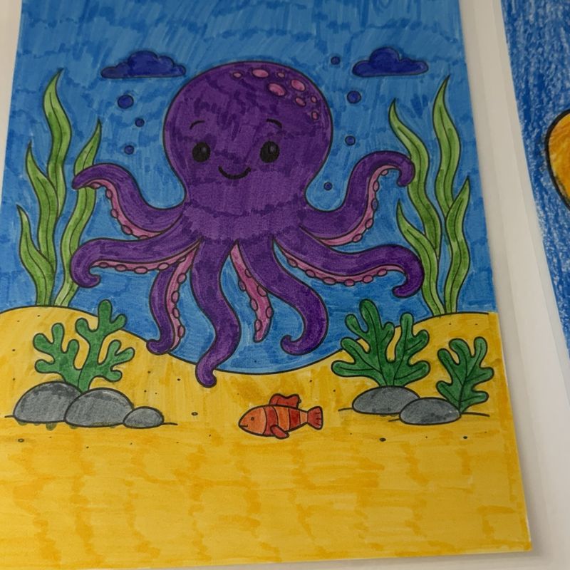 A purple octopus painted on a yellow sea floor beside a clownfish