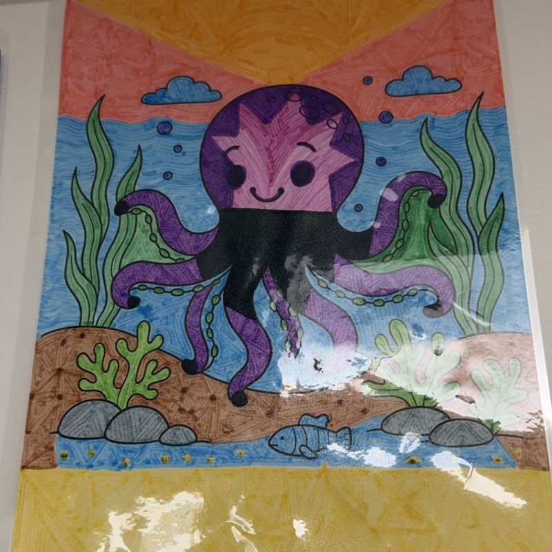 An underwater painting of a purple octopus beneath a pink and orange sky