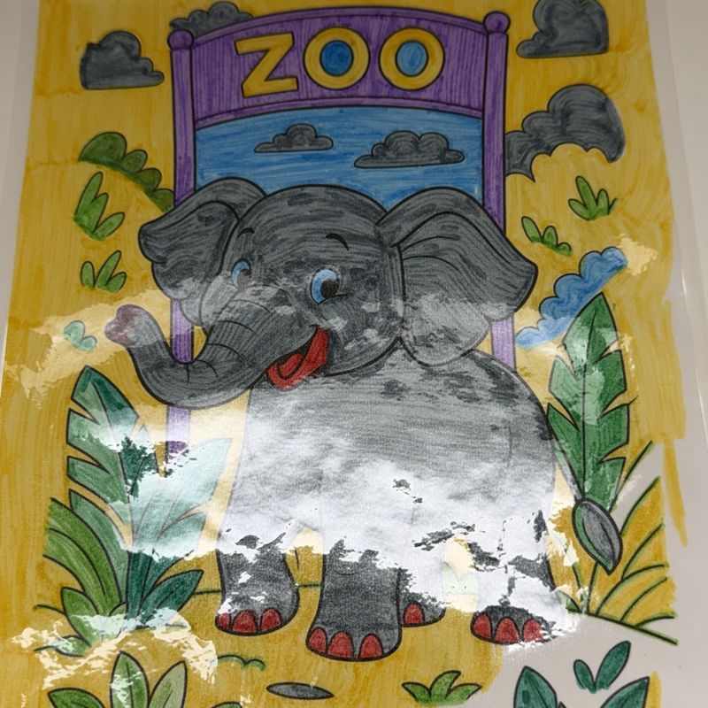 A painted zoo scene with an elephant among tall green plants