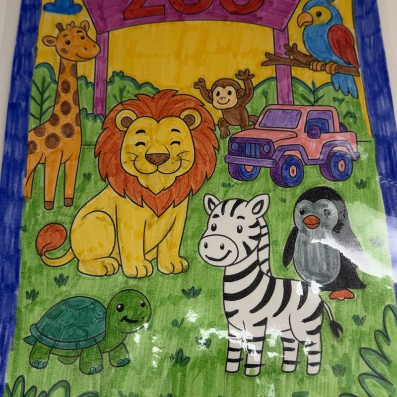 A bright zoo painting with a lion, zebra, giraffe, and safari truck