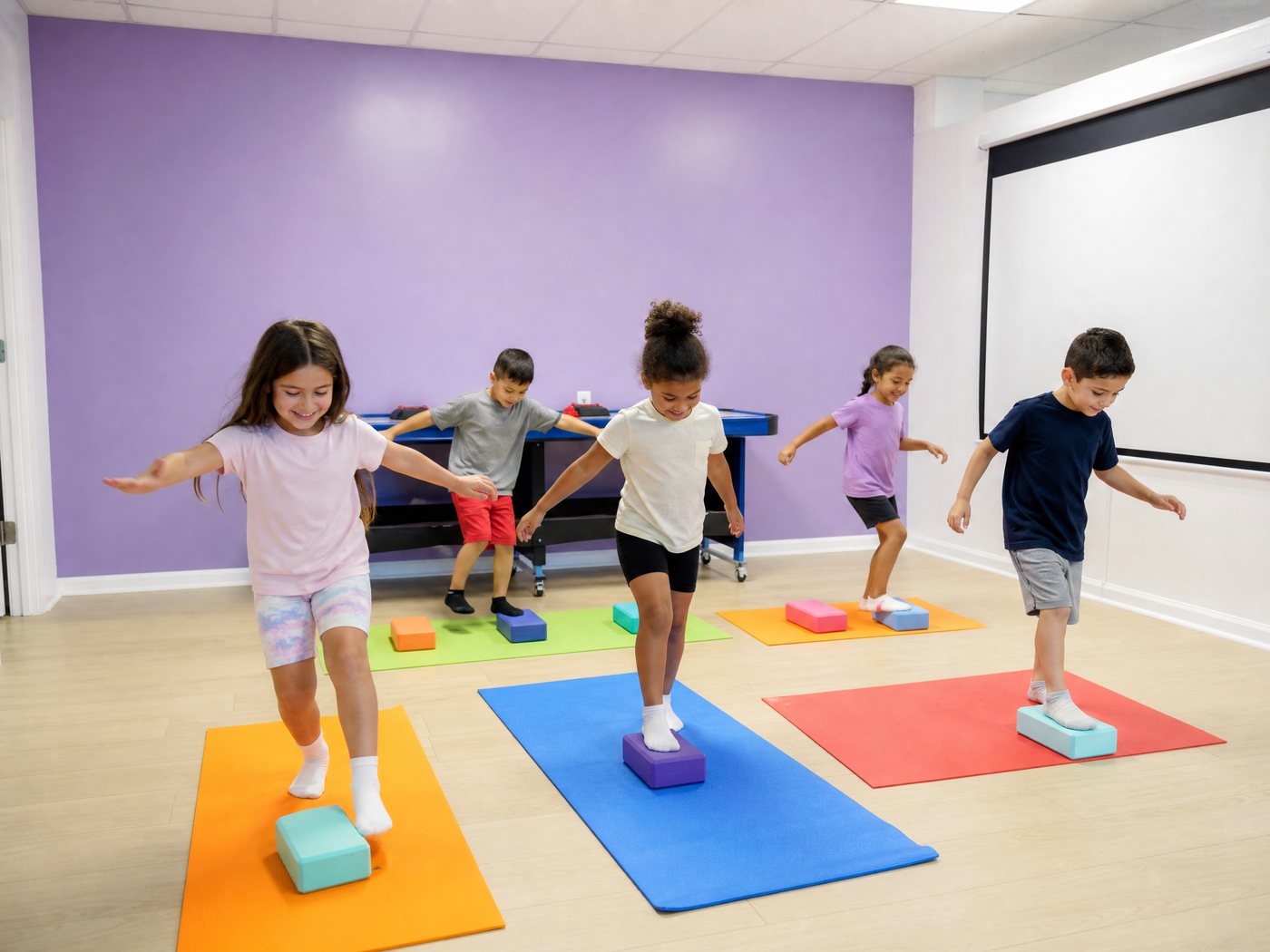 Children balancing on foam blocks on brightly coloured mats during a gentle adaptive yoga class for kids at our Glendale center