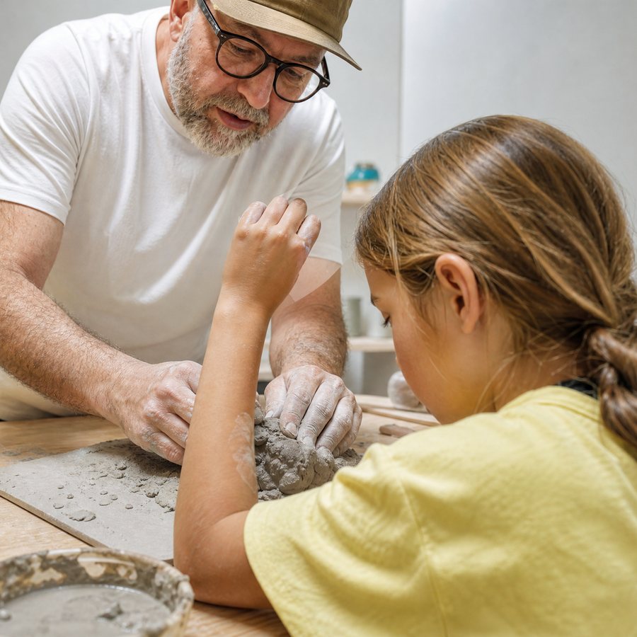 Hands shaping clay in a pottery class
