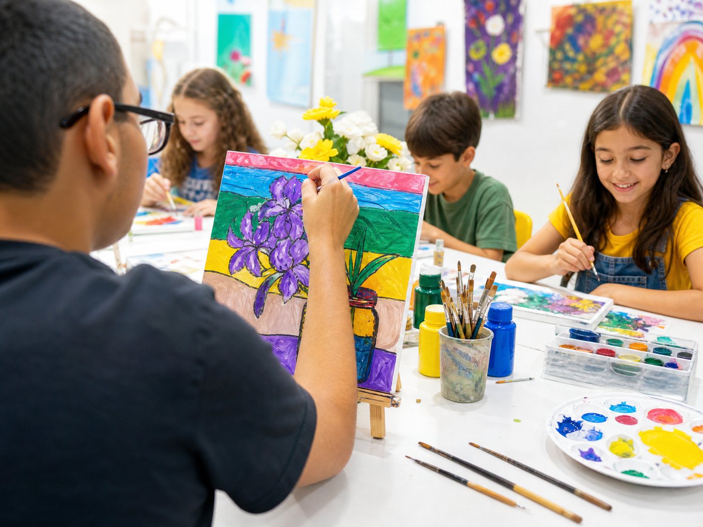 Participants painting at a shared table in the SAI Connections art room, one working on a canvas of irises at an easel