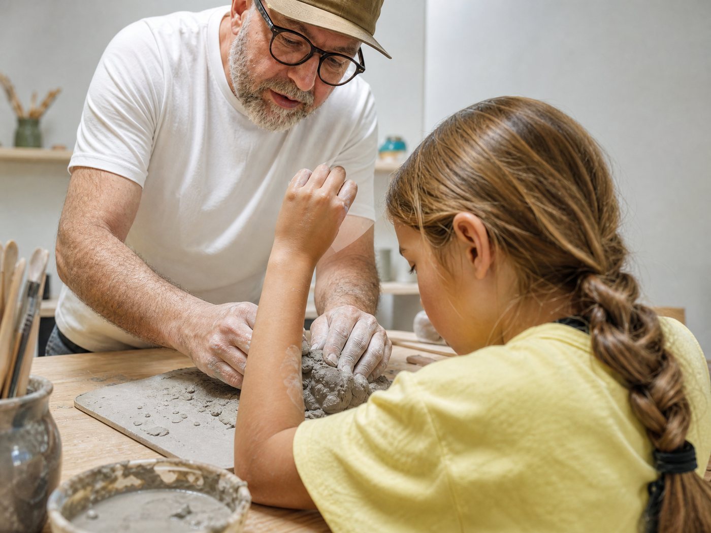 An instructor guiding a participant's hands as they press and shape a piece of clay in the SAI Connections pottery studio