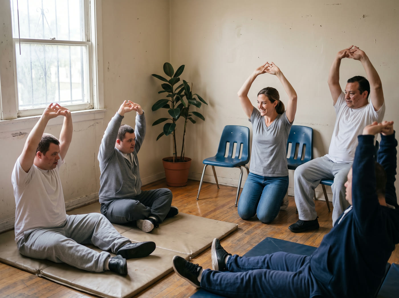 Adults of all abilities in a gentle adaptive yoga session at the Van Nuys center